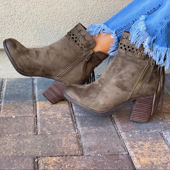 Military Green Fringe Laser Cut Block Heel Booties - Picture 2 of 10